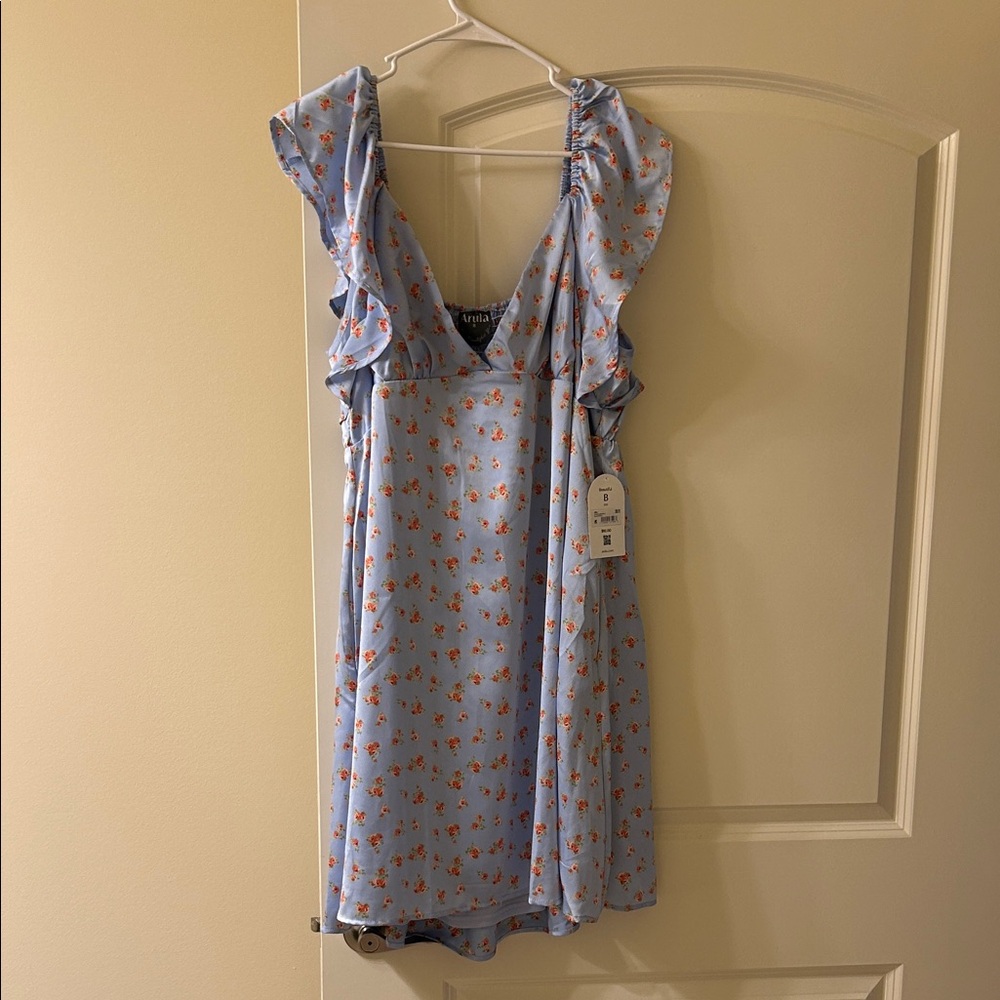 ARULA Satin Blue Floral Mini Dress